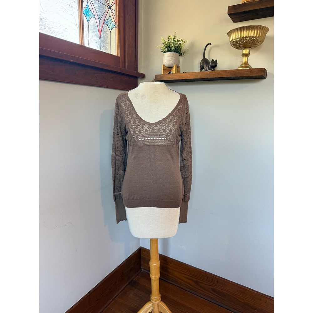 Alberta Ferretti Brown Silk Knit‎ Lace Sleeve Top Made in Italy Size 10